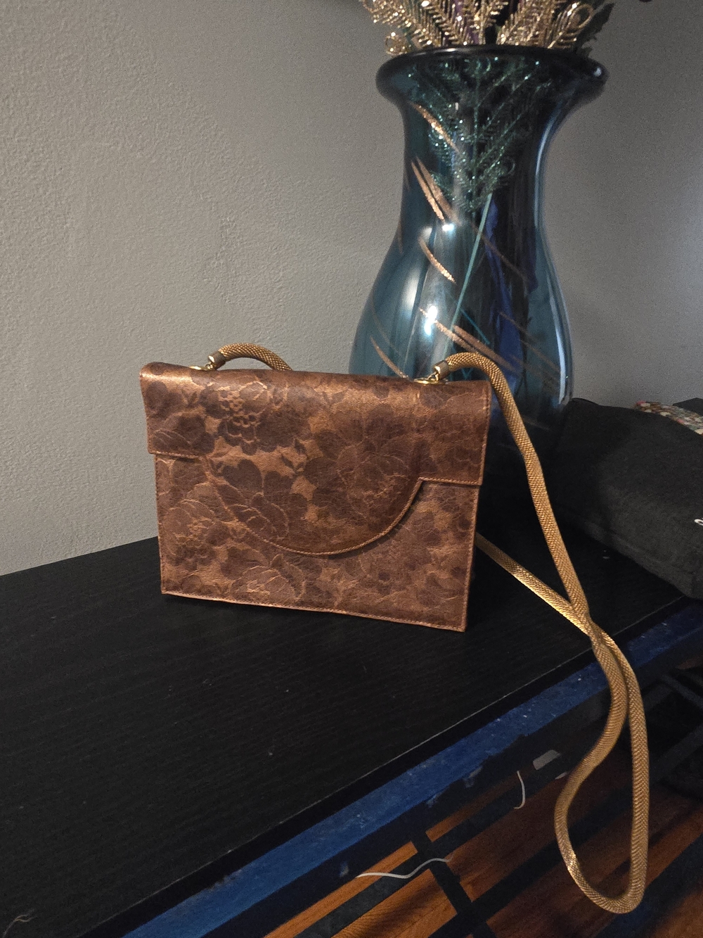 Sondra Roberts Brown Floral-Embossed Crossbody with Gold Chain Strap